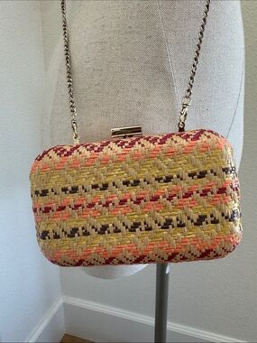 Woven Straw Crossbody Clutch in Natural and Coral
